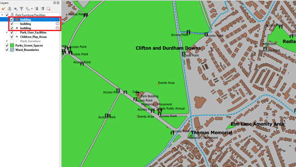 Figure 14. QuickOSM temporary layers. The red box highlights the temporary layers added.