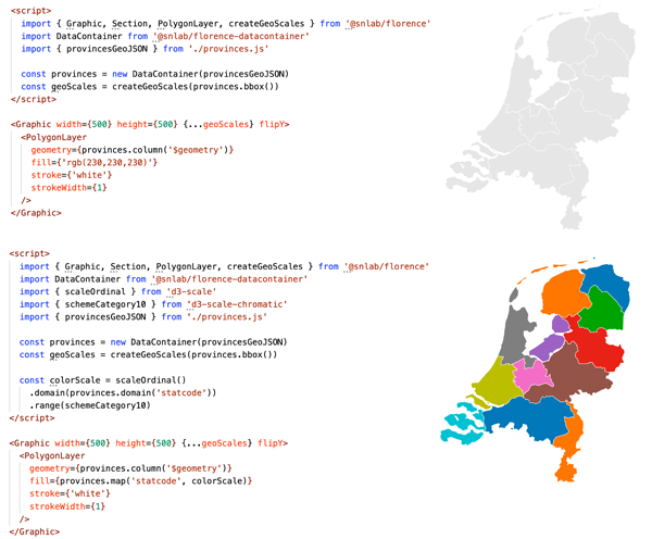 Figure 8. A map of Dutch provinces. Dutch spatial data is often provided in a country-specific projection and coordinate system (“Rijksdriehoeksstelsel”), which isn’t compatible with most JavaScript mapping libraries that rely solely on WGS84. The bottom panel shows a categorical colour scheme applied to the province name. Interactive version available at florence.spatialnetworkslab.org/examples/cp-figure8a and florence.spatialnetworkslab.org/examples/cp-figure8b.