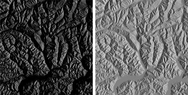 Figure 5. Left: A Lambert hillshade lit from the eastern horizon. Right: The normal map’s x-band, or the same Lambert hillshade before the final step of the algorithm was performed.