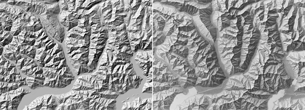 Figure 7. A standard analytical shaded relief (left) compared with a manual shaded relief by Imhof and Leuzinger (1963; shadedreliefarchive.com/Graubuenden_SW.html; right). Despite deviating from what more physically accurate lighting would portray (or because it deviates from it), this style is better able to communicate a mental map of the relative significance of topographic features.