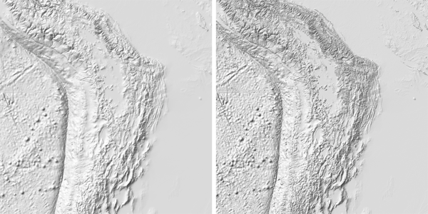 Figure 8. A comparison of an Andes hillshade based off generalized (left) and ungeneralized (right) elevation data. The area northeast of center is an especially good demonstration of how Lambert shading with an ungeneralized elevation raster can obscure large features.