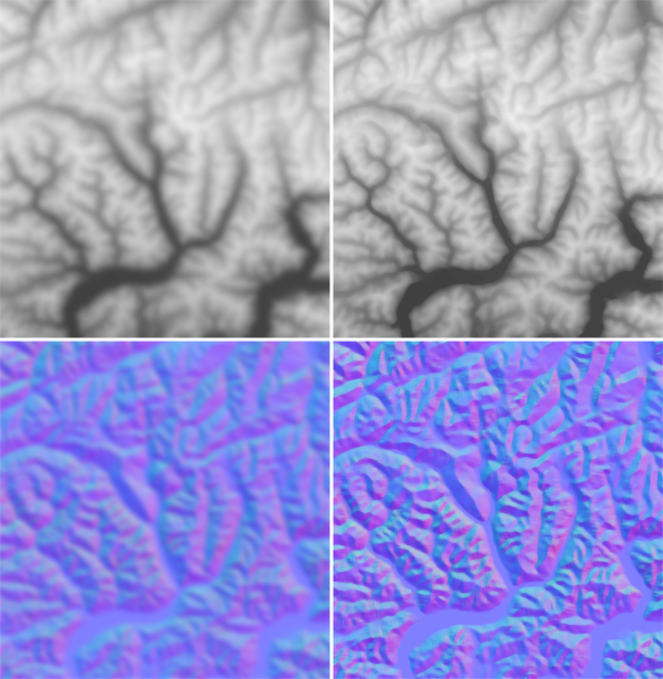 Figure 10. Comparison of Gaussian (left) and median (right) filters on an elevation raster (top) and a normal map (bottom). The normal median (lower right) has the best results in terms of eliminating noise while preserving scale-specific features of cartographic interest, and thus is used in the modified pyramid generalization algorithm