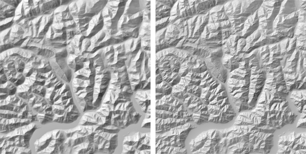 Figure 12. Normal median generalization (left) with exponential weights allows for very strong generalization of small features without blurring large features. In Pyramid Shader (right) the same terrain, with the same number of pyramid levels, cannot have its weights reduced further than what is shown here without visibly blurring the ridgelines and valley edges of large-scale features.