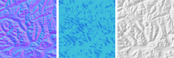 Figure 13. The dot product between a generalized normal map (left) and a light vector raster derived from one of the pyramid levels used to make that normal map (middle) is a soft hillshade with a variable light source (right). Note that the brightest parts of the hillshade are where the normal map and light vector colors are most similar. In the light vector raster, cyan corresponds to standard lighting from the northwest and blue corresponds to lighting from the west, both elevated 45°.