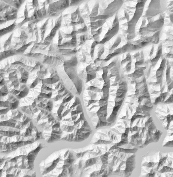 Figure 15. A hillshade incorporating all the applications for normal maps discussed in this article. In addition, the mask for ridge sharpening was also used to lower contrast in the valleys.