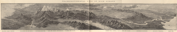 Figure 1. “Transcontinental View of High Europe,” circa 1890. Monteith's later books include several of these illustrations that create an oblique compilation of exaggerated terrain across a full continent—from the Atlantic Ocean to the Black Sea in this example. This is a composite scan of the original, which is more than 43 centimeters wide, spanning both pages.