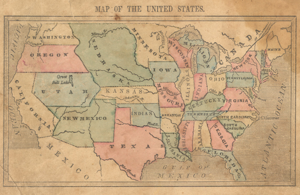 Figure 3. This simple, hand-colored reference map from a first-generation Monteith textbook of the mid-1850s has none of the contextual symbology of later Monteith maps.