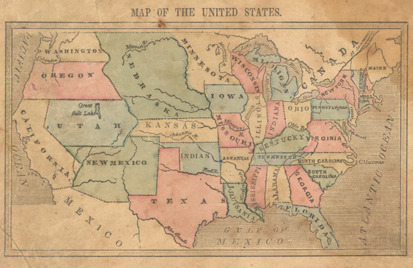 Figure 3. This simple, hand-colored reference map from a first-generation Monteith textbook of the mid-1850s has none of the contextual symbology of later Monteith maps.