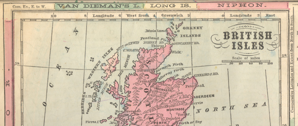 Figure 5. Detail of a second-generation Monteith map using both the horizontal and vertical margins to show comparative extent, but in different ways, circa 1866.