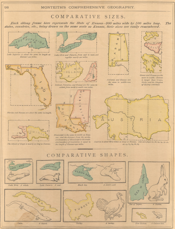 Figure 8. This remarkable page of comparative shapes and sizes appeared in several editions of Comprehensive Geography in the 1870s, although only some were printed in color. The comparisons range from technical to playful in helping the reader to study, memorize, and reproduce map shapes.