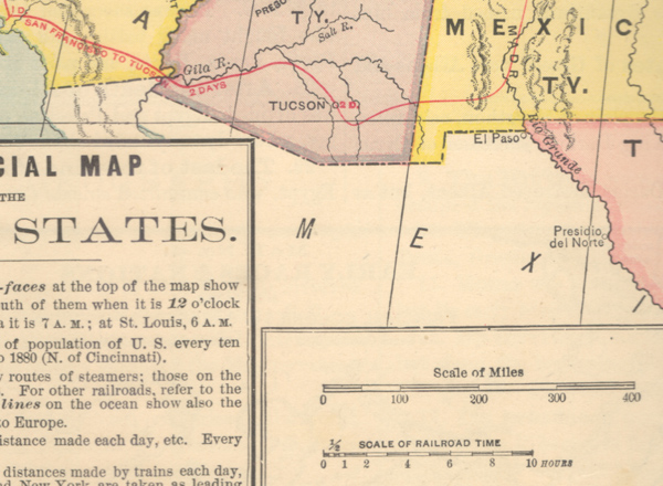 Railroad time on an 1870s map of the United States, Bottom: Triple scale bar typical of Monteith’s late maps, which remained in use for many years after his death.