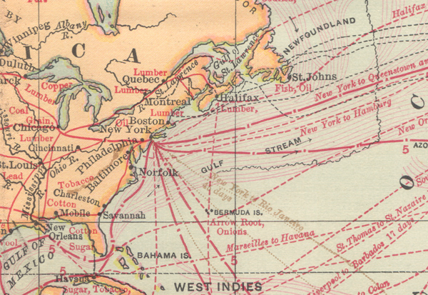 Figure 10. Detail of a “Physical and Commercial” world map from an 1885 Monteith textbook showing steamship and railroad routes in red, with tick marks denoting the distance traveled in one day and numerals for every fifth day. Finer black lines in the background show sailing ship routes and submarine cables. Later revisions of this map, appearing in Barnes's Complete Geography after Monteith's death, eliminate the sailing routes and the numerals for elapsed travel time.