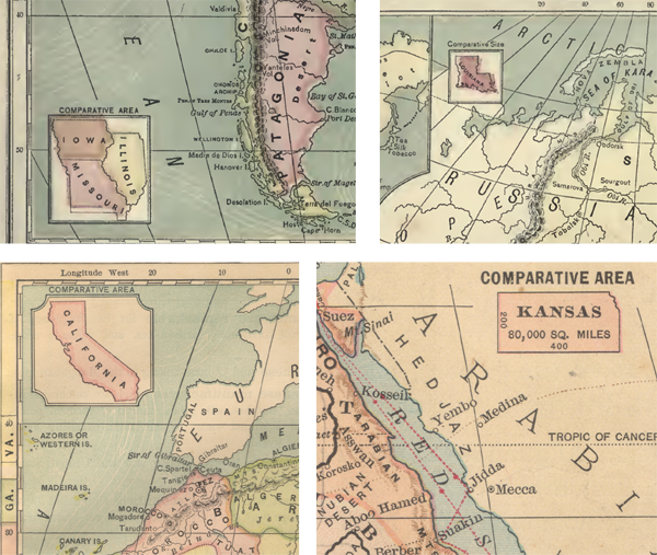 Figure 7. Outlines of US states used as comparative area symbols. Monteith started making area comparisons to states in the mid-1860s, but did not begin using these symbols until the late 1870s, experimenting with different states, and groups of states, before finally settling on Kansas as the standard comparative area symbol.