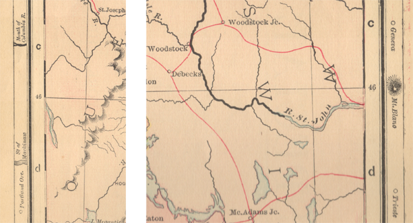 Figure 6. Detail of left and right margins of a map of Maine at the 46th parallel, which, beyond the borders of Maine, also passes near Mont Blanc and Trieste far to the east and the Strait of Mackinaw (sic) and the mouth of the Columbia River far to the west. From the 1872 New England edition of Comprehensive Geography.