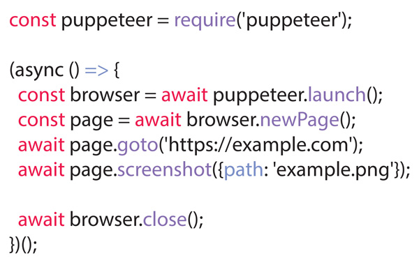 Example 1. Puppeteer code that works with the Chromium browser to capture a screenshot of a web page.
