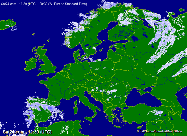Figure 2. Single frames from two animated GIFs from Sat24.com, showing cloud cover (top) and rainfall (bottom).