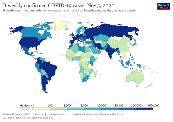 Figure 3. Two maps of COVID-19 from ourworldindata.org/coronavirus, showing biweekly cases and deaths.