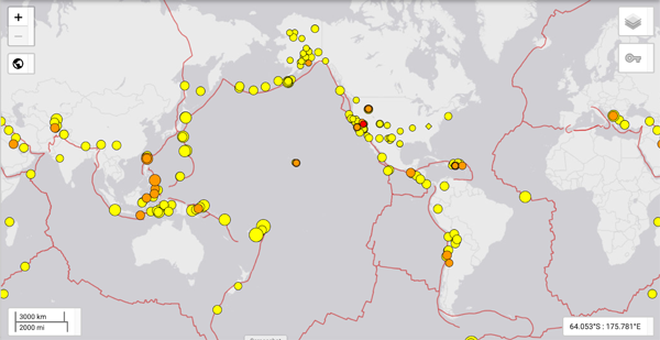 Figure 4. Two maps of earthquakes for a 7-day period. The top, interactive, map, including plate boundaries, is from the USGS (orange and red circles indicate more recent earthquakes). The bottom map is based on the same USGS data feed. It was made with the Google Maps API and saved in the PNG format.