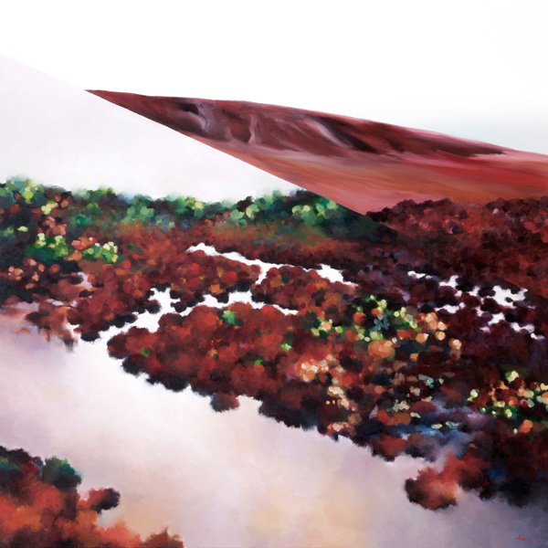 High Desert (2012), an imaginary juxtaposition of Death Valley in California with the Alakai Swamp on Kauai. Oil on canvas, 48″×48″.