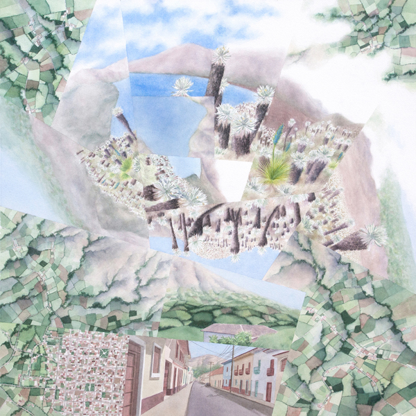 Lagoon (2019), inspired by the ecological preserve and village of El Ángel, Ecuador. Watercolor on paper, 36″×36″.