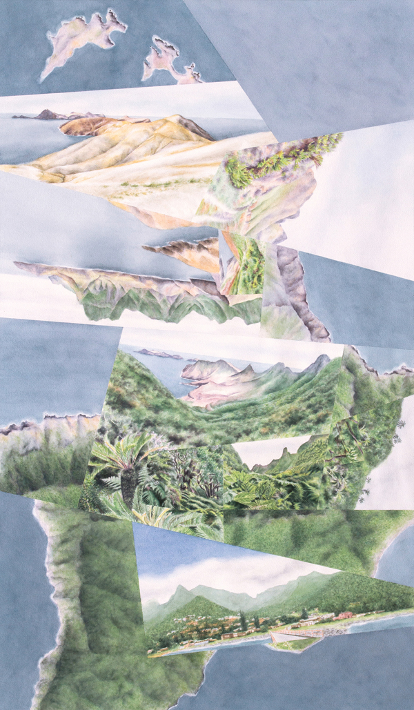 Mirador (2020), inspired by Robinson Crusoe Island in the Juan Fernández archipelago, Chile. Watercolor on paper, 48″×28″.