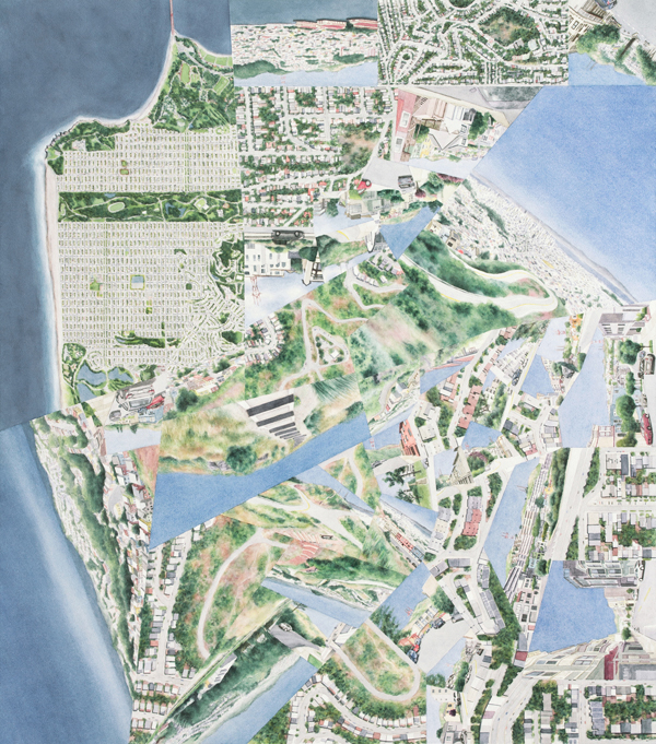 Peaks (2020), inspired by Twin Peaks in San Francisco. Watercolor on paper, 42″×37″.