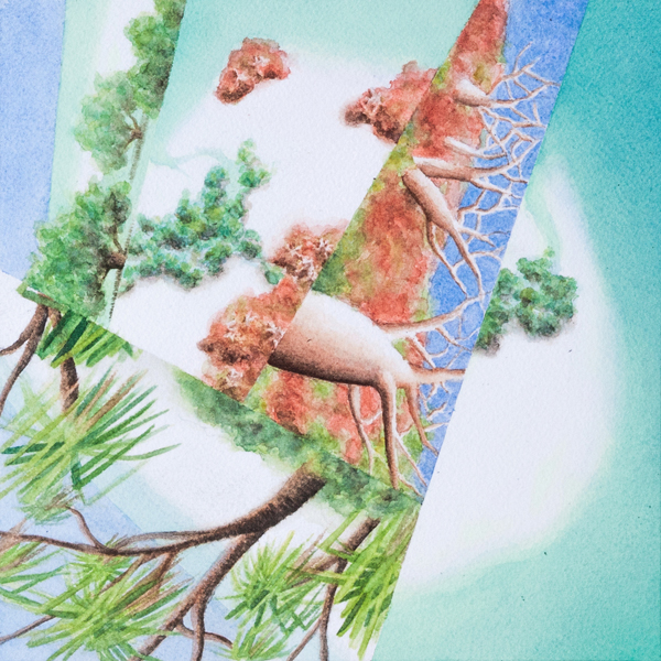 Pearl Isle (2018), an imaginary island combining elements of the Kimberley region of Australia. Watercolor on paper, 8″×8″.