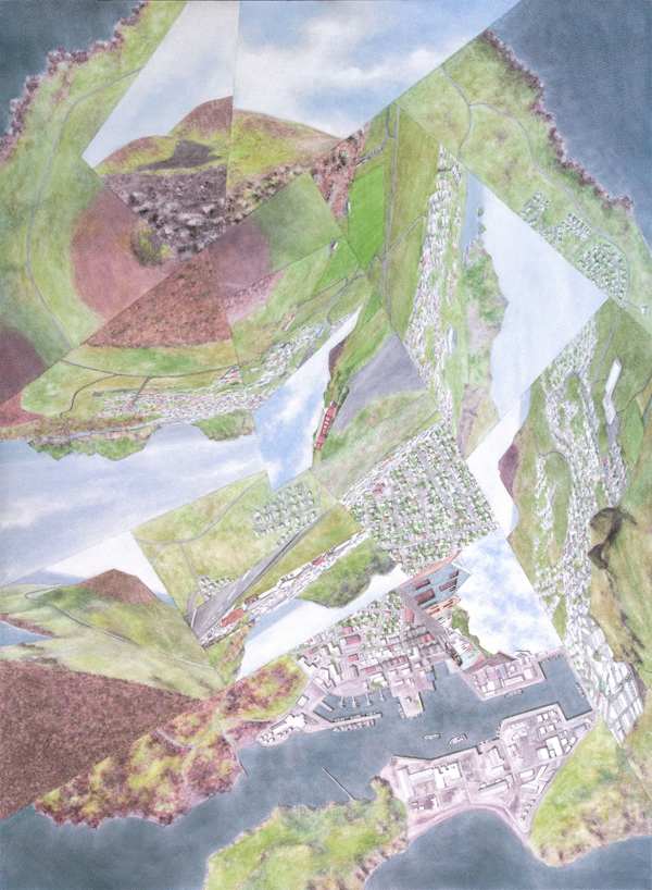 Sacred Hill (2020), inspired by the volcanic cone Helgafell on the island of Heimaey, Iceland. Watercolor on aquabord, 30″×22″.