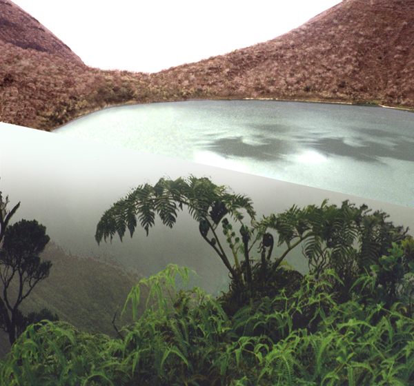 Two-sided Lake (2010), an imaginary juxtaposition of the highlands of Kauai with a crater lake on Isabela Island in the Galápagos. Photomontage, giclée print 36″×40″. 
