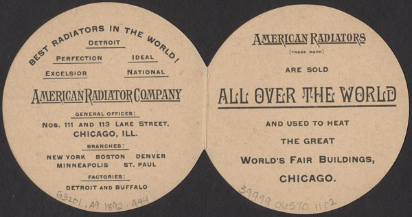 Front (top image) and back (bottom image) of a trade card of the American Radiator Company (1892).