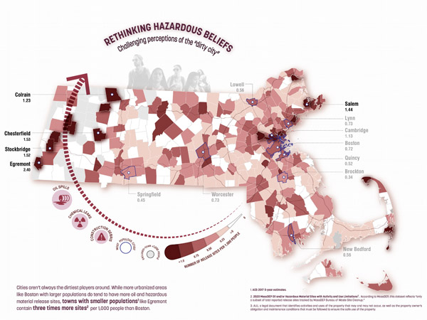 Two maps by Maggie Owens in the “Same Data, Different Stories” section show how data can be manipulated to draw different conclusions.