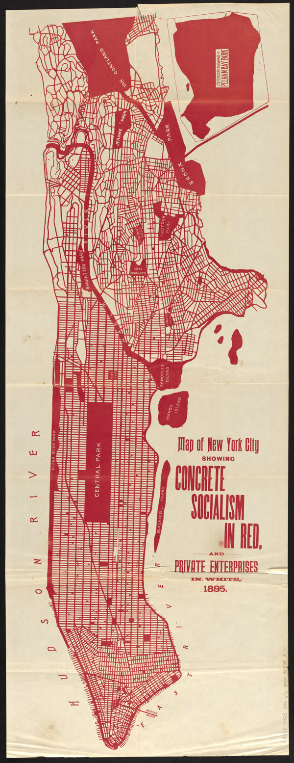 Walter Vrooman, “Map of New York City showing concrete socialism in red, and private enterprises in white, 1895,” in Government Ownership in Production and Distribution (Patriotic Literature Publishing Co., 1895).