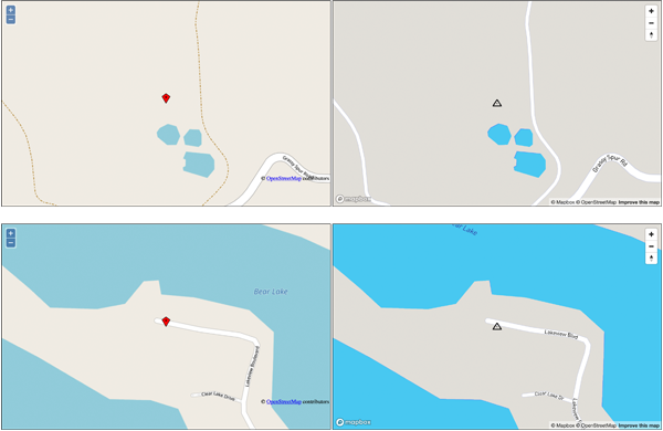 Figure 1. Two comparisons between OpenStreetMap (left) and Mapbox (right) demonstrating that Mapbox relies exclusively on data from OpenStreetMap. The maps are based on identical vector points. The symbolization and labeling vary only slightly.