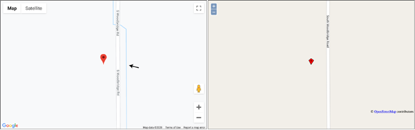 Figure 3. A pairwise comparison between Google Maps (left) and Mapbox (right) for a randomly chosen location in North America. Google Maps displays a water feature that is missing in the OSM-based Mapbox map. Both services label the road.