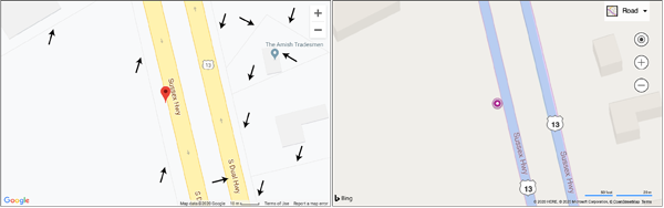 Figure 4. A pairwise comparison between Google Maps (left) and Bing Maps (right) for a randomly chosen location in North America. While both maps include building footprints (extruded with Bing), the map from Google also depicts property boundaries (cadastre), the name of a business establishment, and an alternative name for the highway. None of these features and labels are visible on the map from Bing.