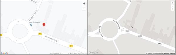 Figure 5. A map from Google at the 19th zoom level (left) compared to one from Mapbox at the 18th (right). The maps are at the same scale. Mapbox uses a different numbering scheme for its zoom levels compared to other online map providers.