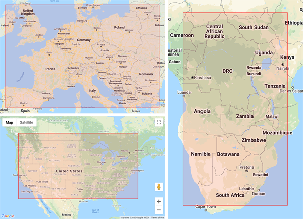 Figure 6. Bounding boxes used for the random selection of locations within North America, Europe, and sub-Saharan Africa.