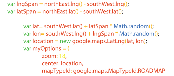 Figure 7. JavaScript code for randomly determining a latitude and longitude within a bounding box. The first two lines determine the lngspan/latspan, or difference, between the bounding box’s latitude and longitude. The lat and lon values are then calculated by multiplying the latSpan and lngSpan by a random number (always a value between 0 and 1), and then adding this to the minimum latitude and longitude values. The last four lines interface with the Google Maps API, centering the map on the randomly chosen location.