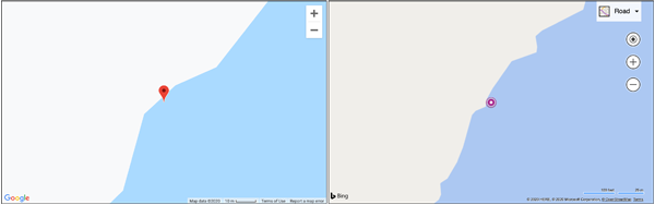 Figure 8. Comparison of a coastline between Google Maps (left) and Bing Maps (right) at the 19th zoom level. The two are either using a different underlying vector databases or different line generalization settings. Whatever the case, the Bing representation includes more detail.