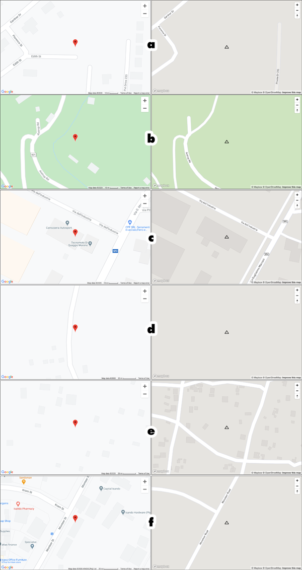 Figure 9. Comparisons between two randomly-chosen locations in North America (a–b), Europe (c–d), and sub-Saharan Africa (e–f). With the exception of pair e, the Google Map on the left has more features and labels than the Mapbox map on the right.