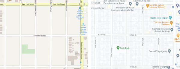 Figure 15. A comparison between maps from Mapbox (left) and Google (right) for a part of Tulsa, Oklahoma. The Mapbox map is missing most of the building footprints, as well as property boundaries.