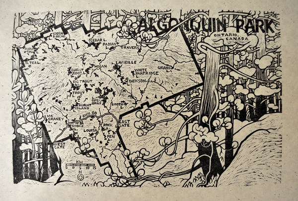 Woodcut map of Algonquin Park, 18×11.5”