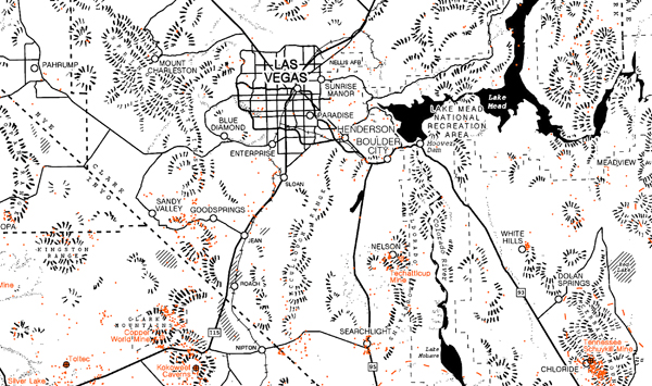 Detail of a map of mines in the Mojave Desert. Hachures were drawn by hand, and all other elements were created in ArcGIS Pro.