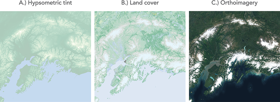 Figure 1. (A) Hypsometric tint colorizing high elevations with a pale yellow color and lower elevations in darker pale green; (B) data from the National Land Cover Database with naturalistic colors applied to the land cover classes; (C) orthographic imagery (from Google) giving readers a realistic sense of the terrain.