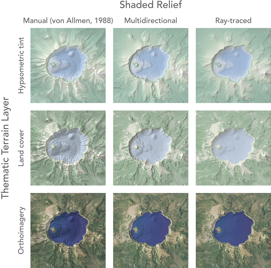 Figure 2. Nine variations of Crater Lake were created by overlaying three shaded relief maps (manual relief, multidirectional relief, and ray-traced relief) with three thematic terrain layers (hypsometric tint, land cover, orthoimagery).