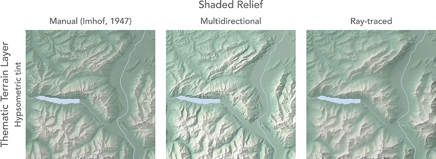 Figure 3. Three variations of Churfürsten, Switzerland were used to introduce participants to the rating tasks they would be completing later in the study. The manual shaded relief was created by Eduard Imhof in 1947 (shadedreliefarchive.com/NortheastSwitzerland.html).