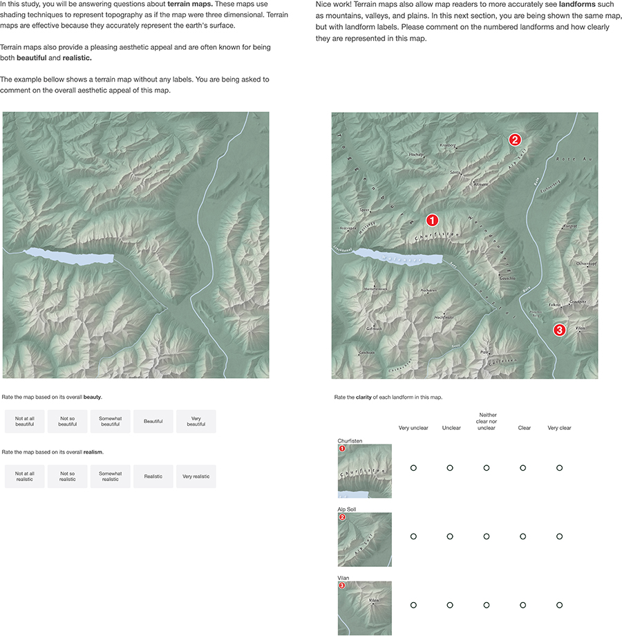 Figure 4. The tutorial section introduced the beauty, realism (left), and landform clarity (right) tasks to prime participants for the main portion of the user study.