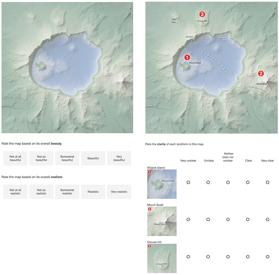Figure 5. Example from the study asking a user to rate the beauty, realism (left), and landform clarity (right) of the Crater Lake map design that blended a hypsometric tint and ray-traced relief.