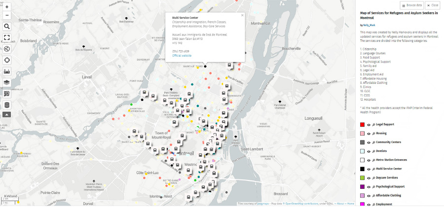 Figure 1. Map of services offered to asylum seekers in Montréal, created by Nelly Markovsky. Interactive version available at u.osmfr.org/m/132406.