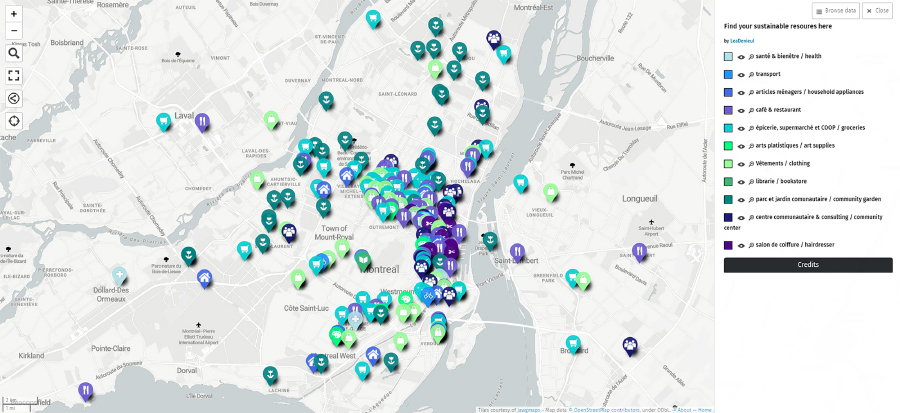Figure 2. Map of Sustainable Resources around Montréal, created by Léa Denieul-Pinsky. Interactive version available at u.osmfr.org/m/556410.